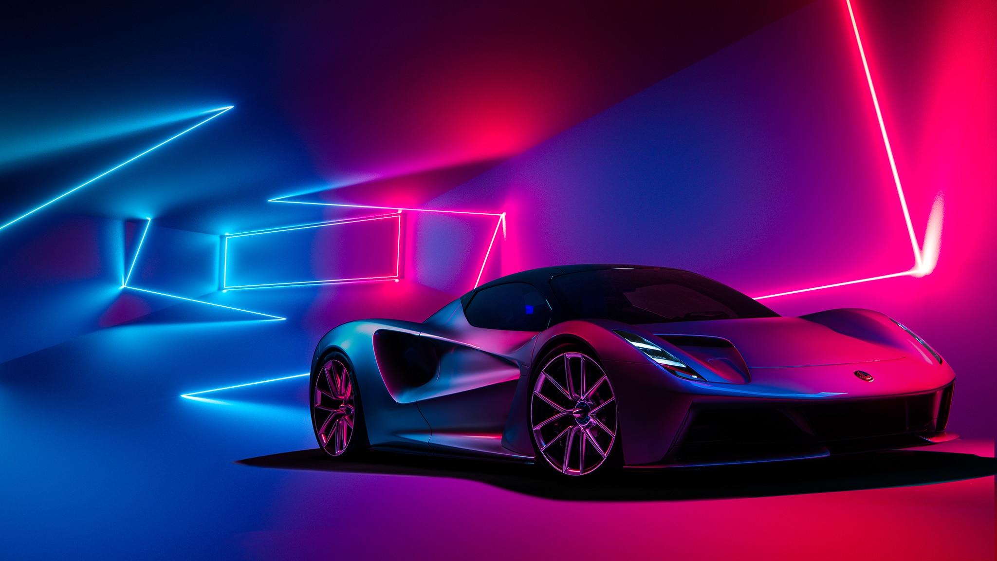 عکس رویایی ماشین لوتوس با نور نئونی آبی قرمز برای چاپ پوستر