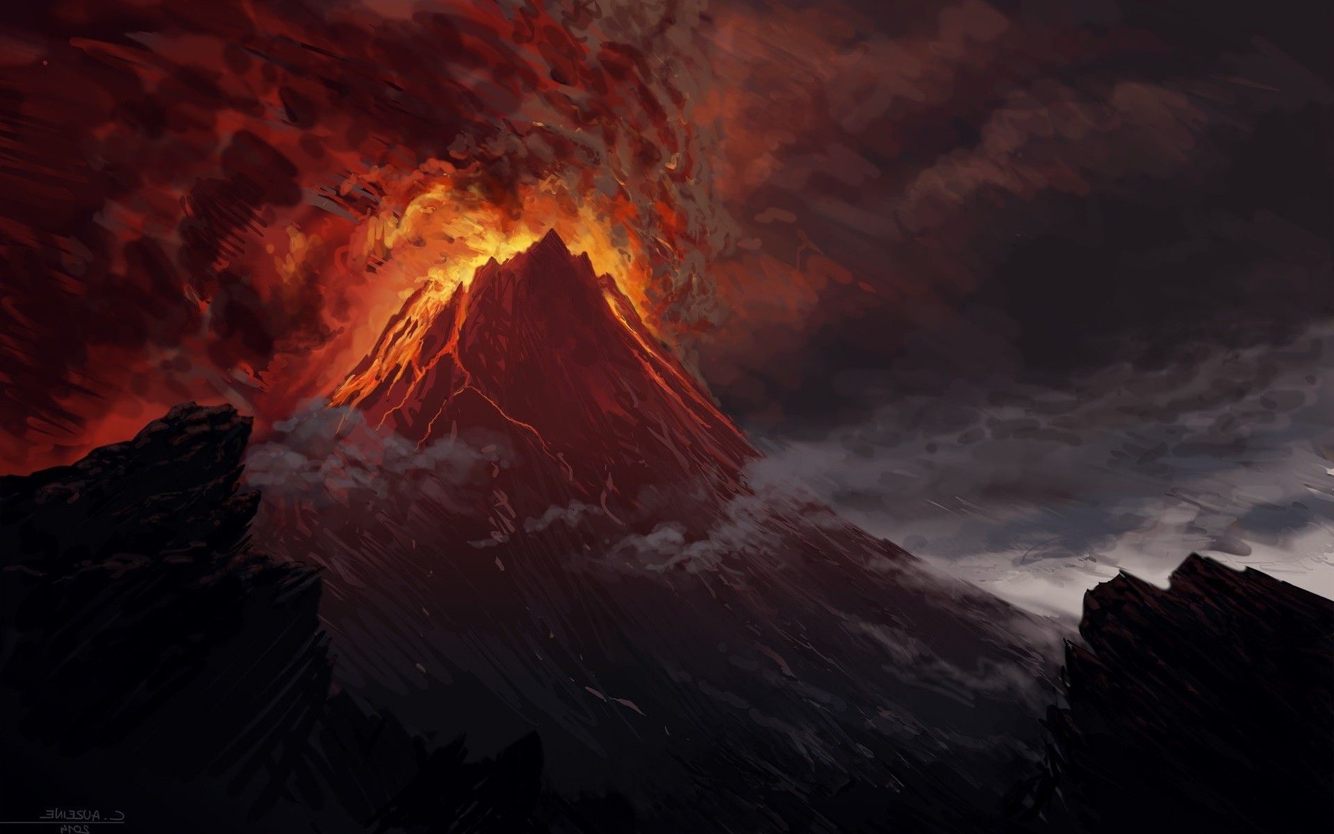 پس زمینه فوران مواد مذاب از درون کوه آتشفشانی فعال واقعی