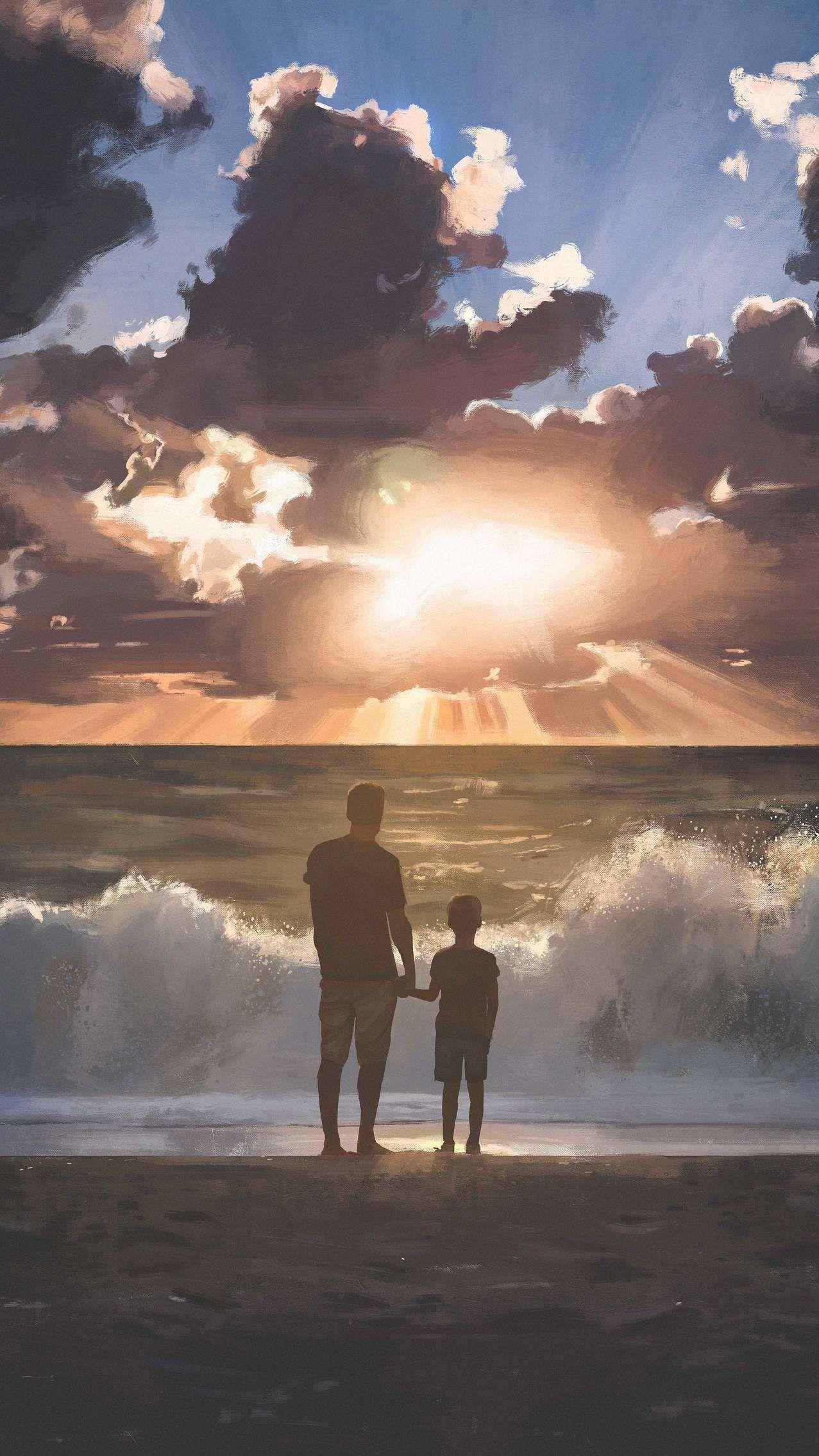 عکس دیدنی پدر و پسر ایستاده در ساحل از نمای پشت اچ دی 