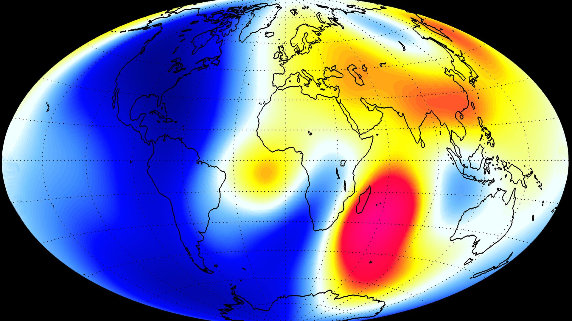 عکس مرکز انرژی های مغناطیسی کره زمین با طیف های رنگی متفاوت 