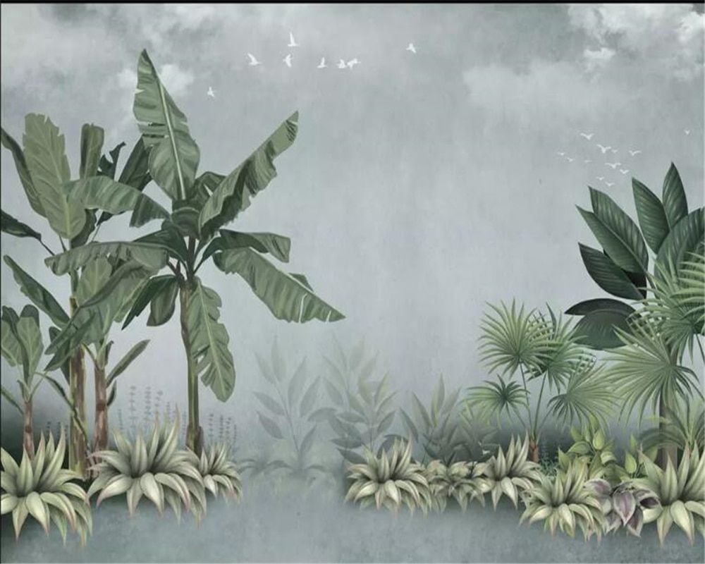 والپیپر جذاب نقاشی هنرمندانه از درخت موز و آسمان و کبوتران