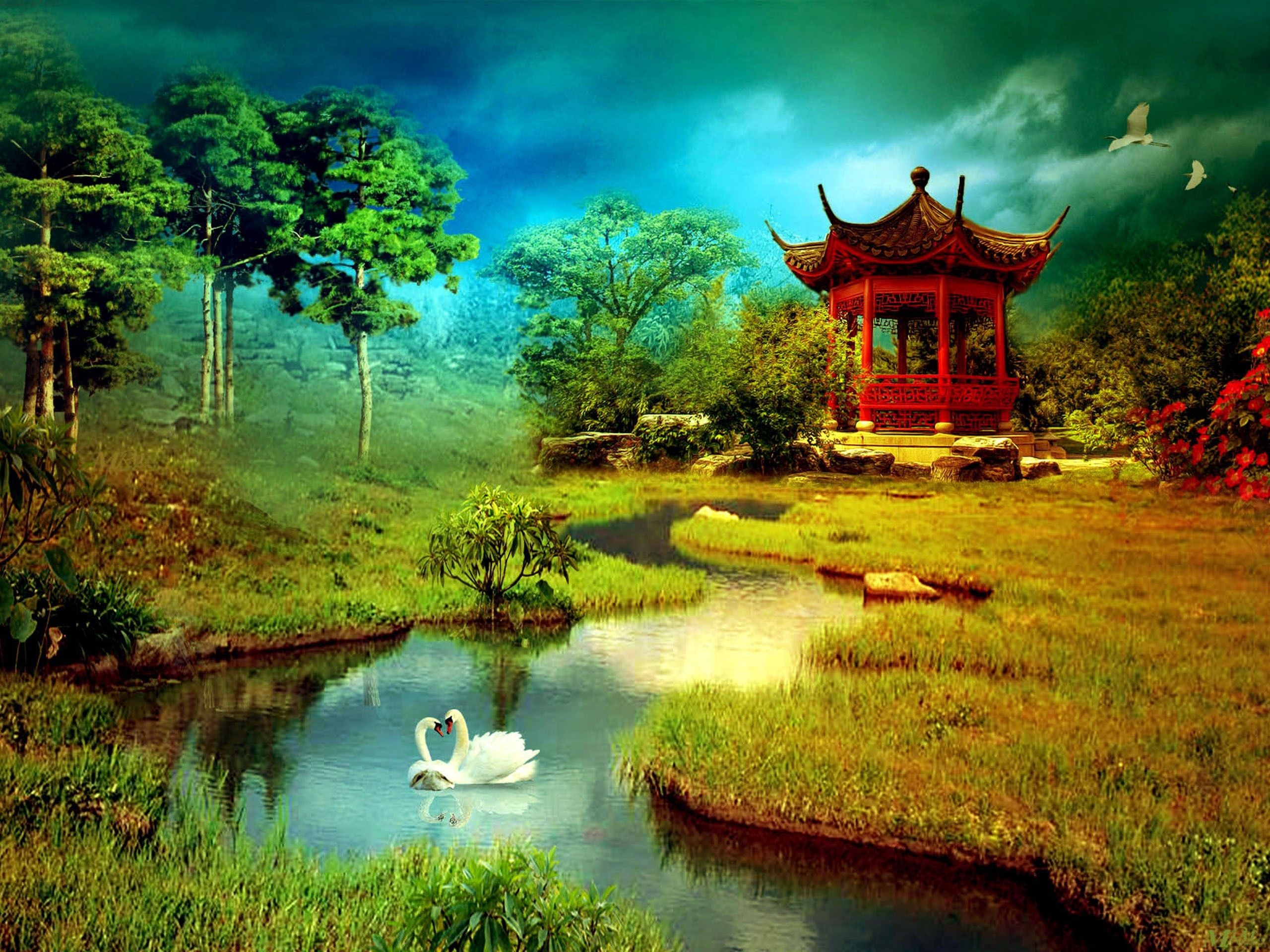 تصویر نقاشی اچ دی دیدنی ذن طبیعت ژاپن در کنار معبد کهن بودایی