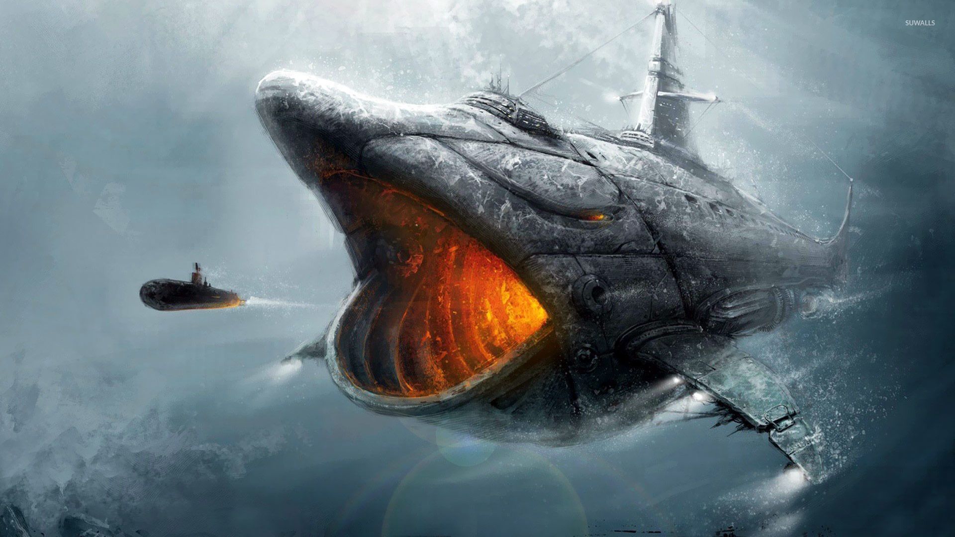  بک گراند منحصر به فرد و دیدنی از  زیردریایی به همراهی کوسه بزرگ