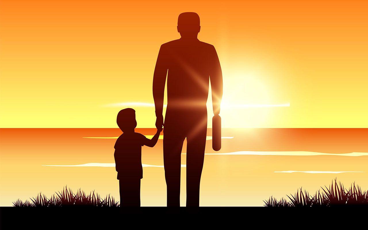 عکس نقاشی پدر و پسر هنگام تماشای غروب آفتاب در کنار هم