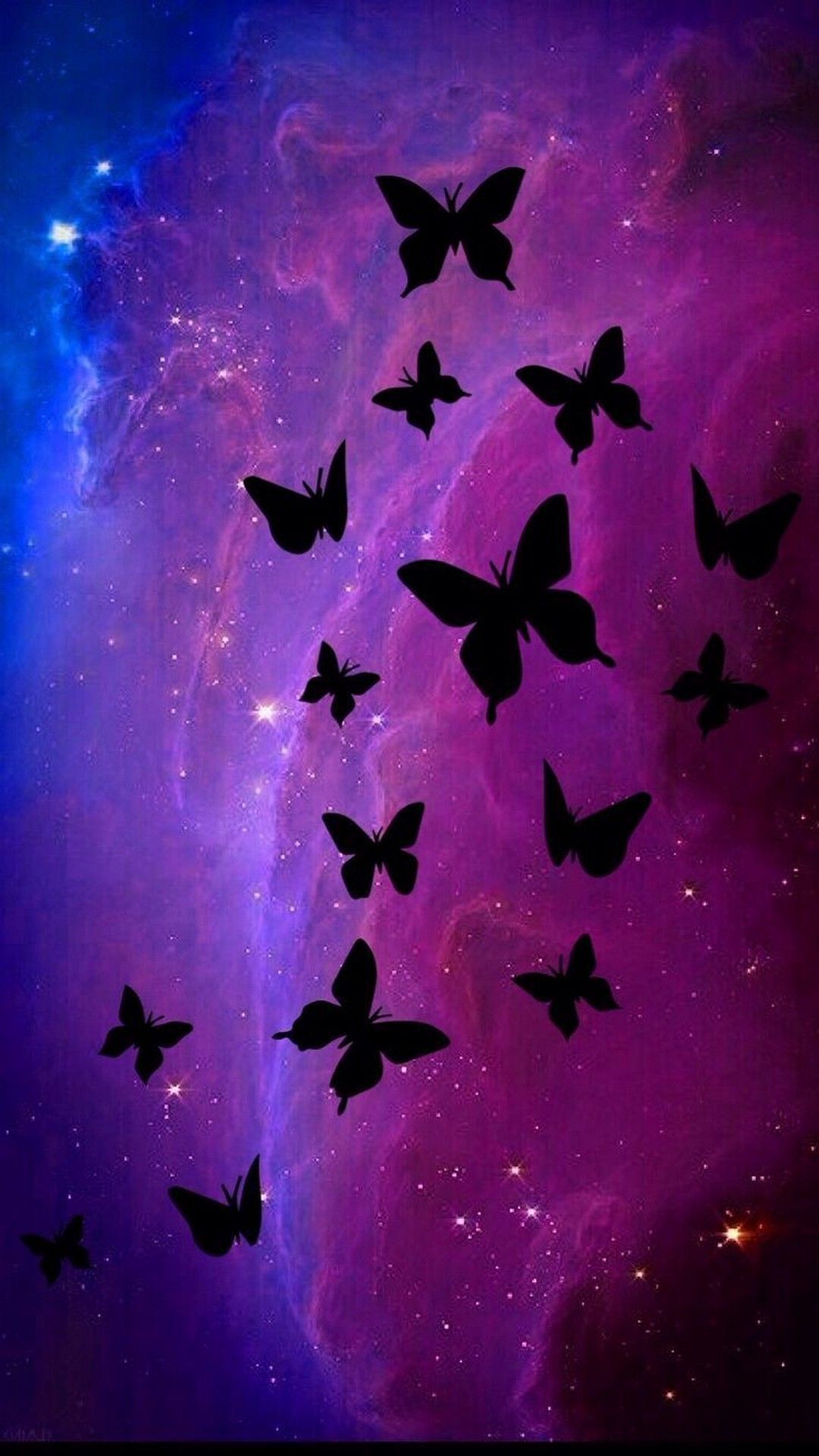 والپیپر زیبا و دیدنی از پروانه های سیاه با پس زمینه کهکشانی 