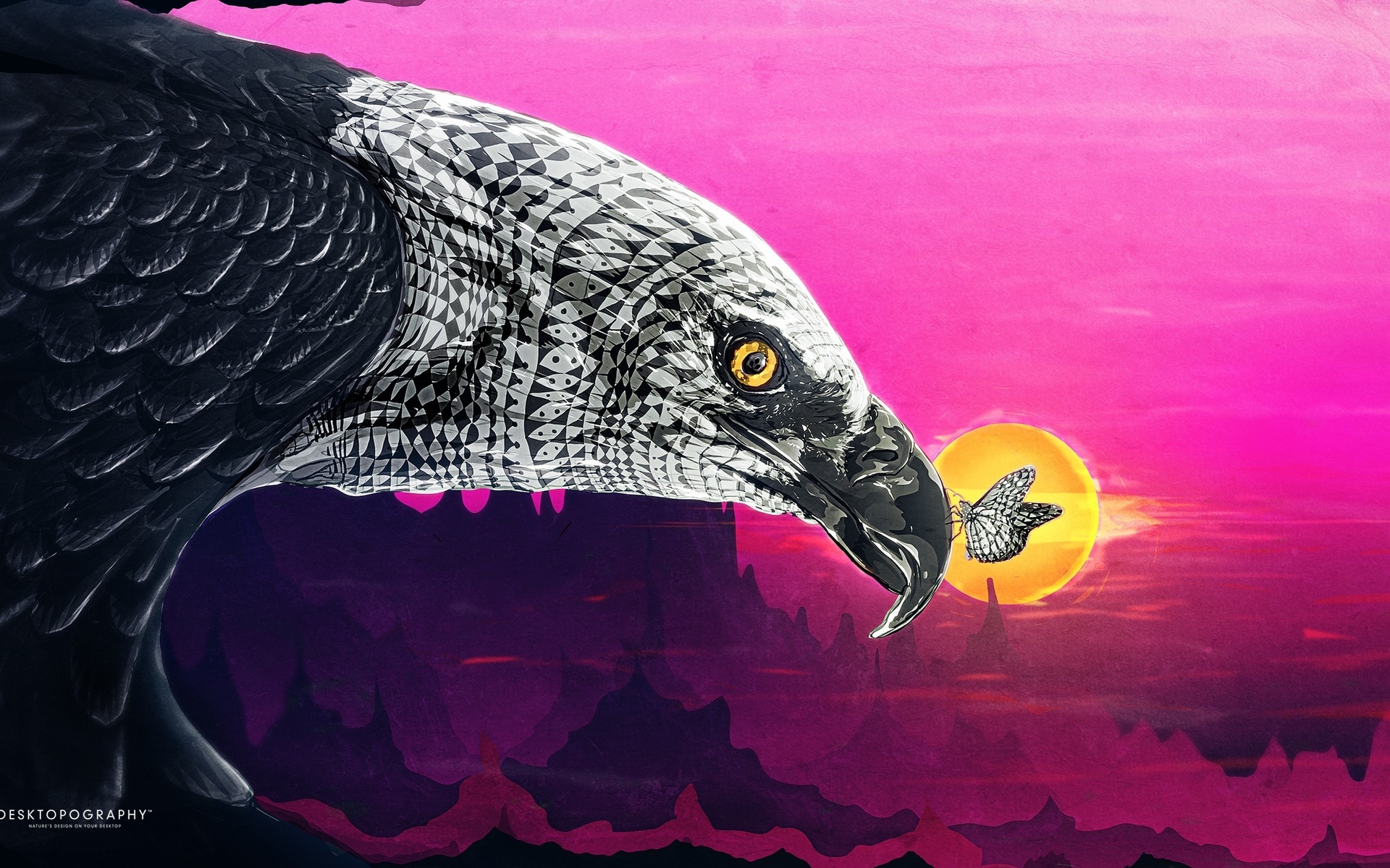 طرح زمینه هنری عقاب و پروانه لحظه غروب برای طراحی گرافیک