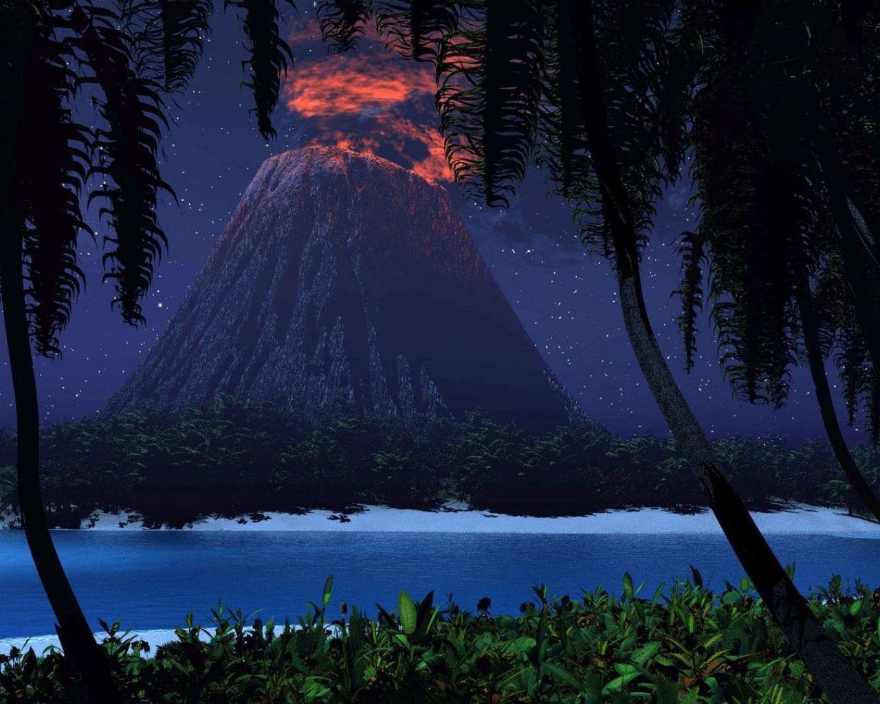 پس زمینه منظره ای از جزیره ای با آتشفشان فعال فانتزی در شب