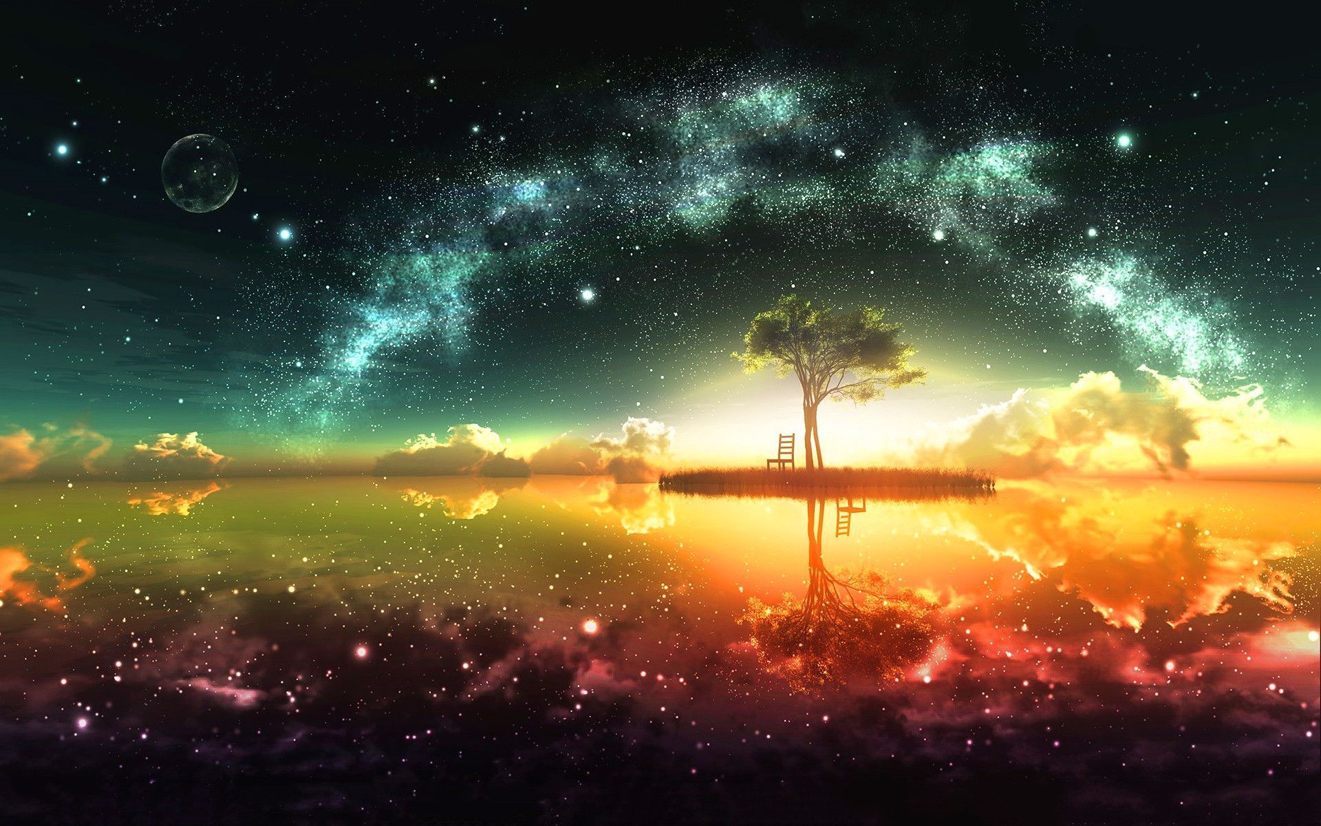 والپیپر درخت زندگی واقع در آب در کنار صندلی با آسمانی پر ستاره و رنگین