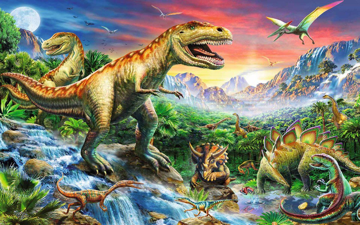 نقاشی خوش رنگ و لعاب با طرح انواع نژاد دایناسور در طول تاریخ