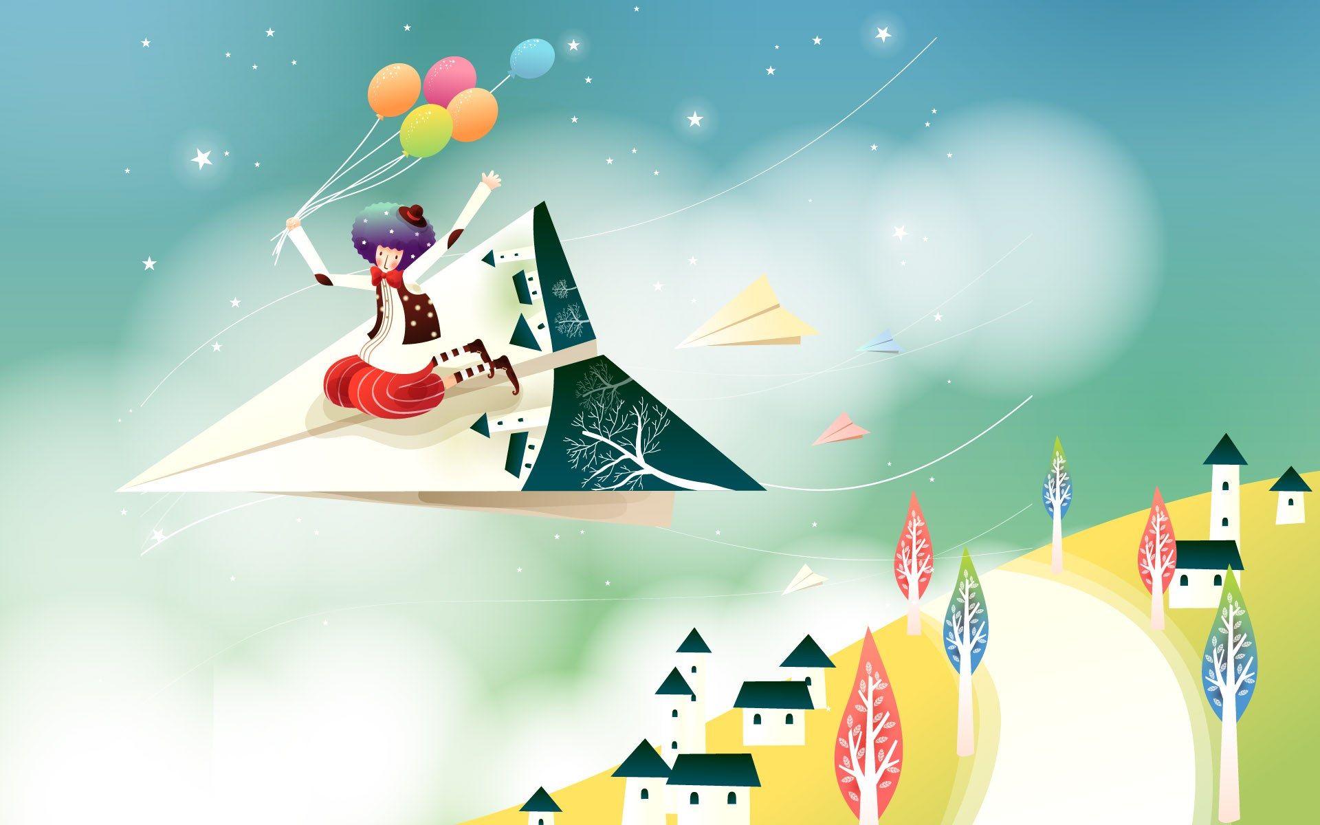 والپیپر کودکانه مرد خوشحال با بادکنک رنگی سوار موشک کاغذی