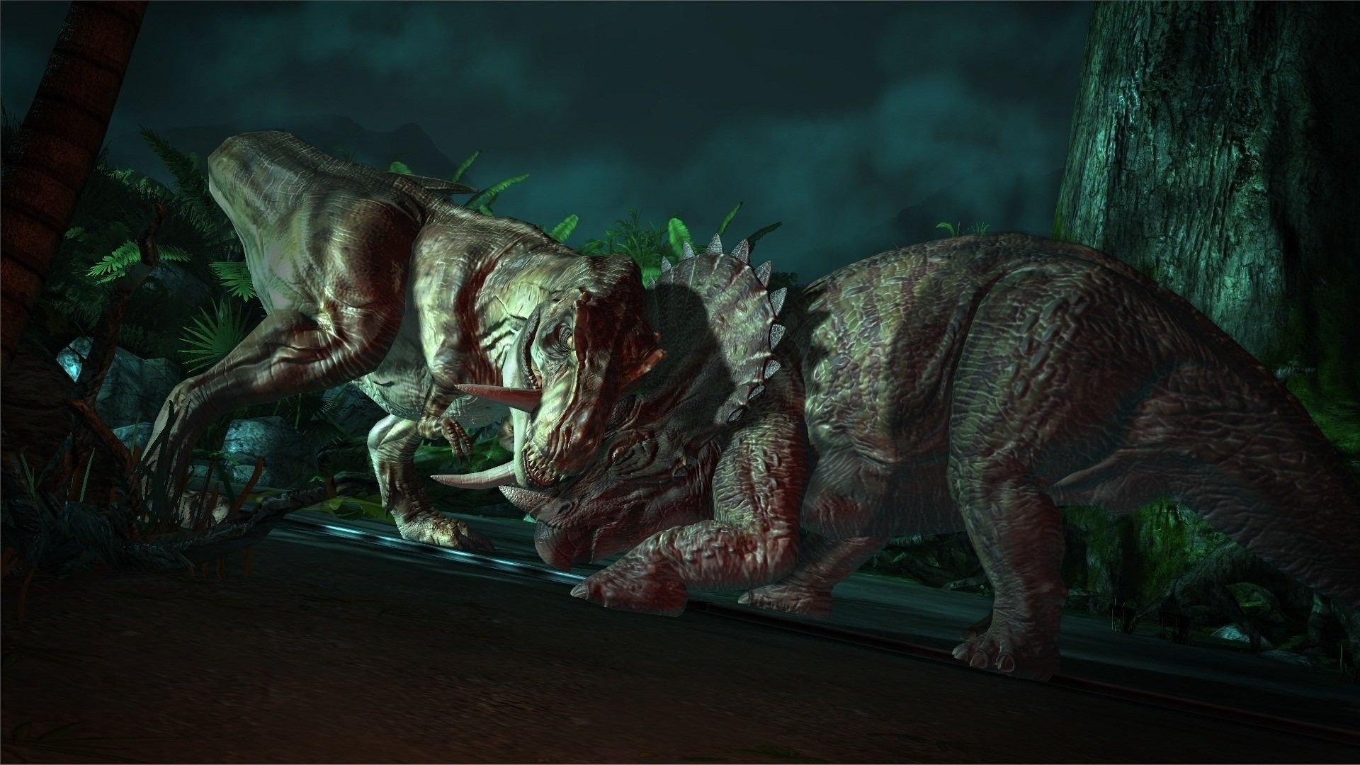 عکس شاخ به شاخ شدن دو دایناسور درنده و وحشی در شب تاریک