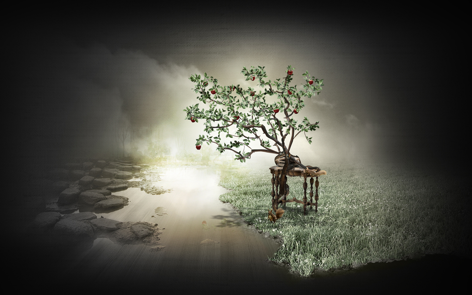 والپیپر فانتزی موسیقی درخت باغ سیب نشانه ای از بهار