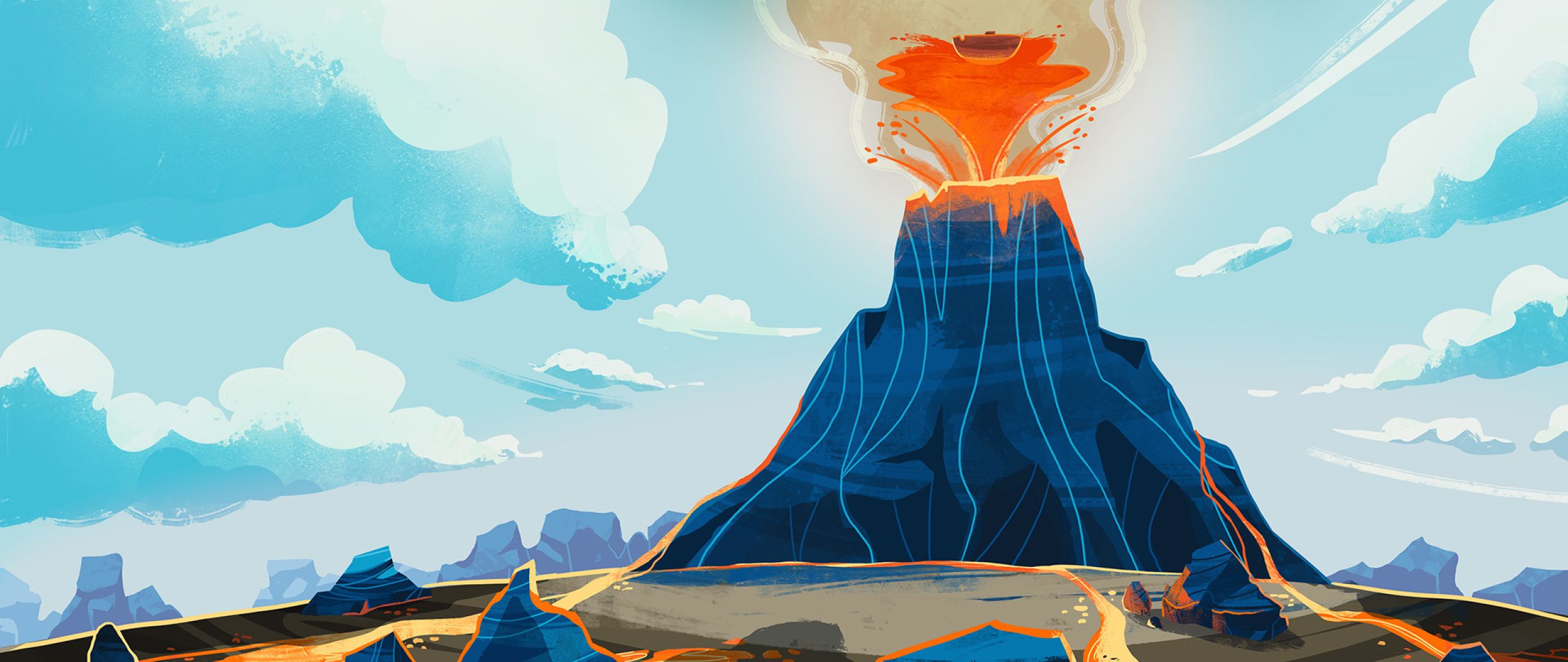 تصویر کارتونی از فوران مواد مذاب در کوه آتشفشان فعال فانتزی