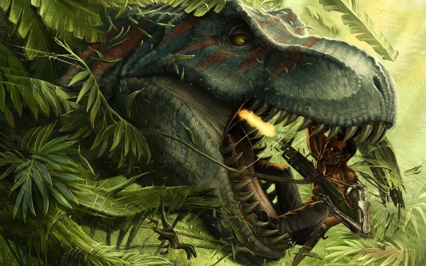 عکس خفن شکارچی با تفنگ در دهان دایناسور گوشتخوار غول پیکر