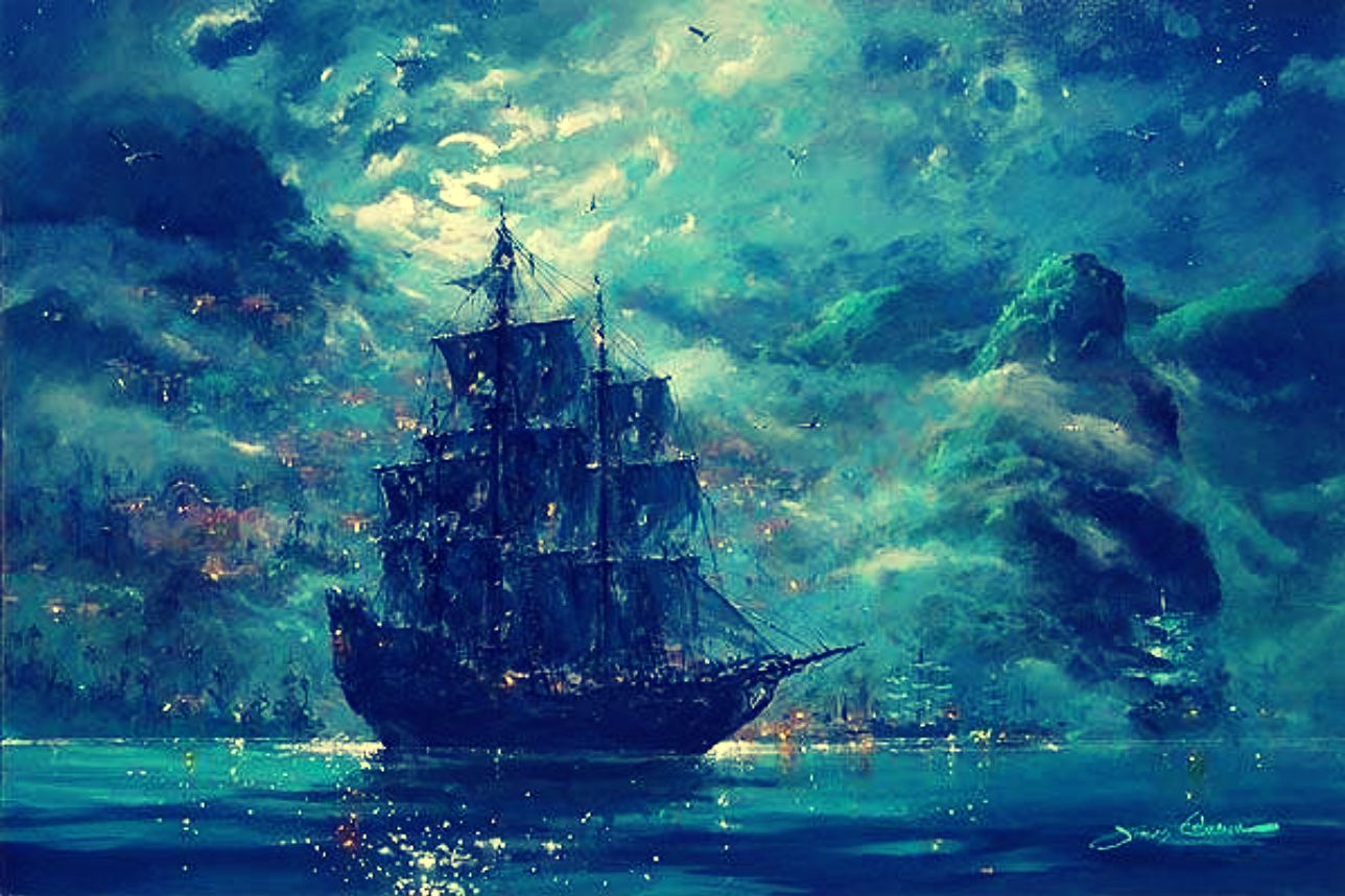 پس زمینه کشتی در باران شدید و طوفان با تم رنگی سبز آبی قشنگ