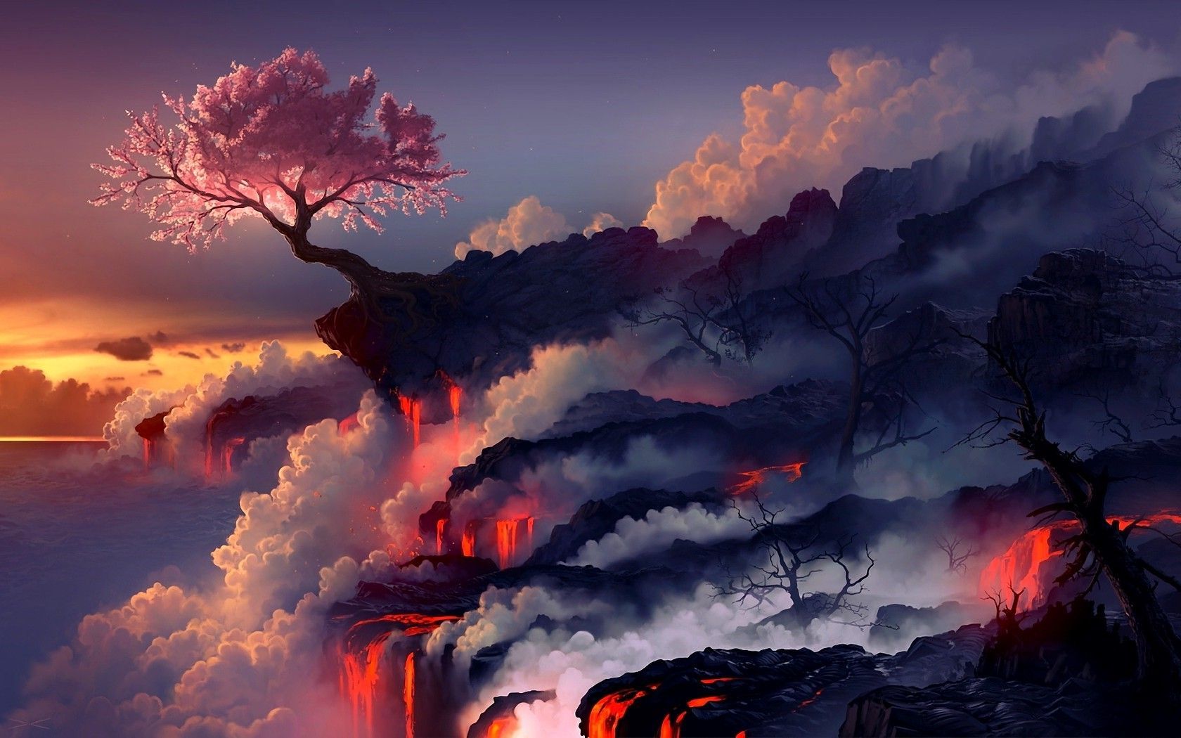 رویایی ترین والپیپر فانتزی درخت پرشکوفه گیلاس بین انبوهی از ابر و مواد مذاب آتشفشانی