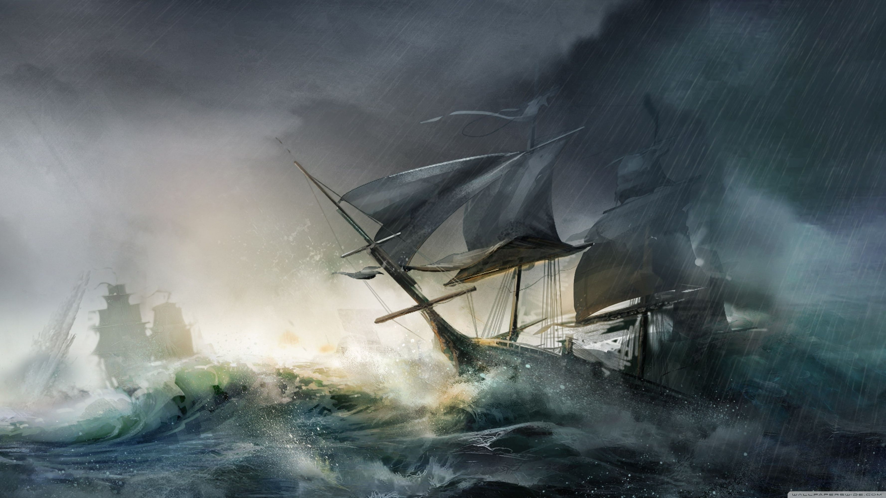 نقاشی تحسین برانگیز از کشتی در طوفان با هاله رنگی خاکستری 