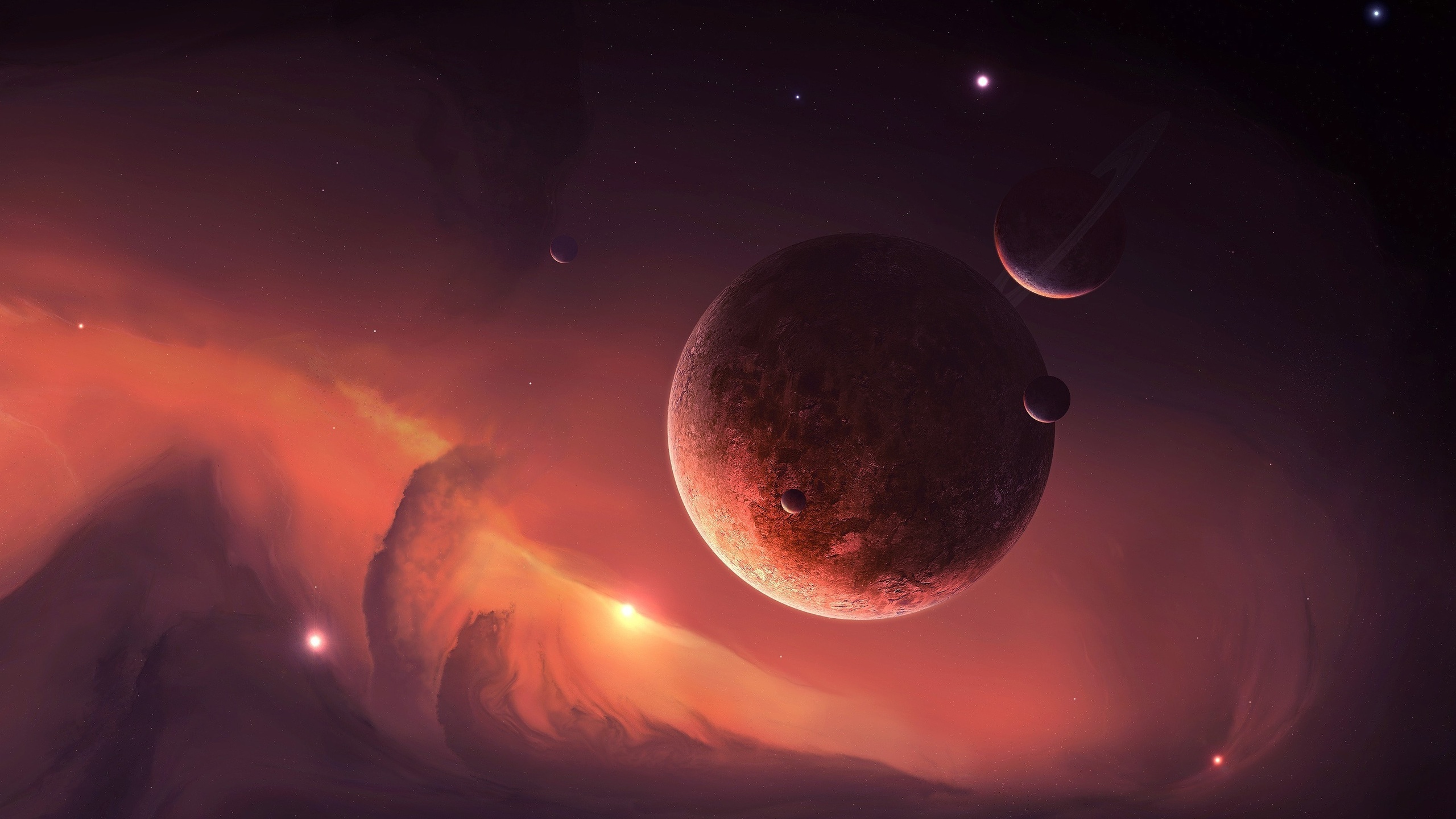 تصویر زمینه تماشایی از کهکشان و سیاره ها با تناژ نارنجی