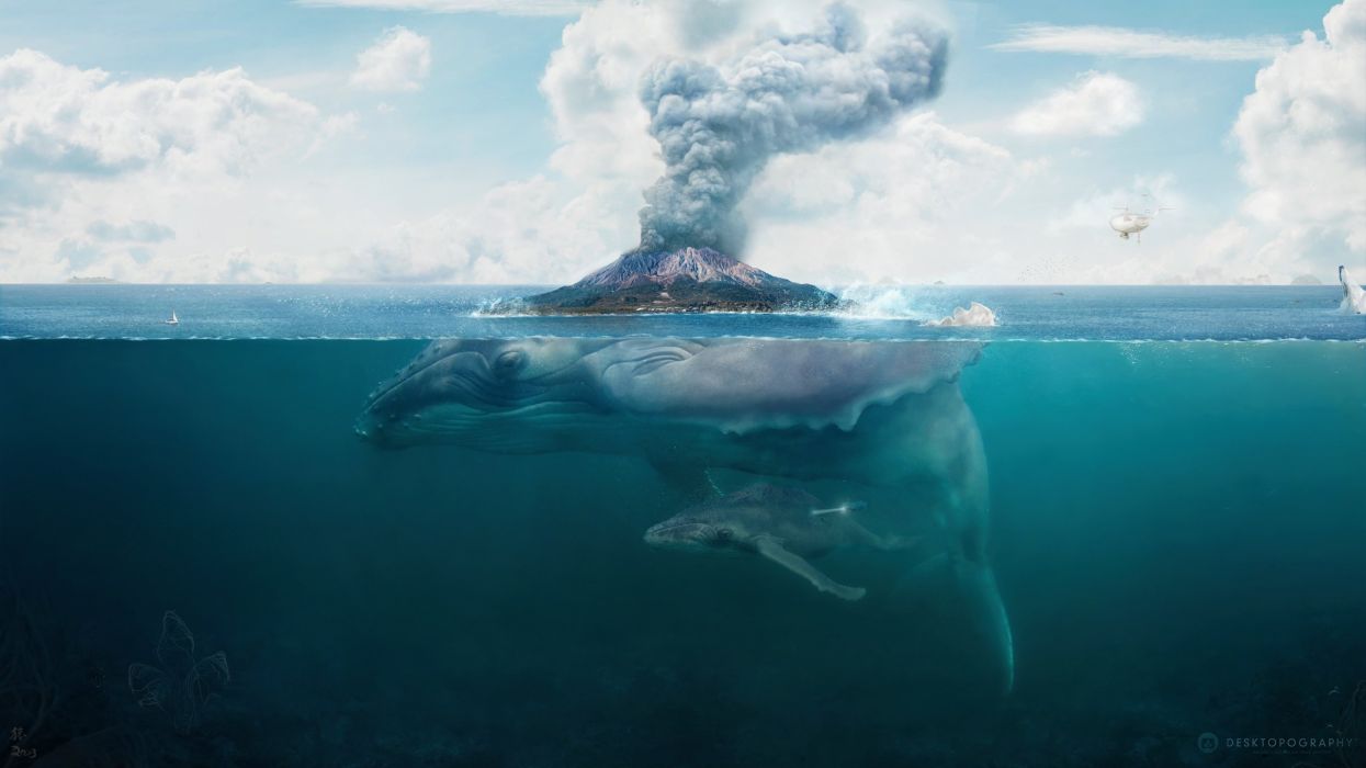 بکگراند نهنگ در اعماق اقیانوس جزیره آتشفشانی فانتزی