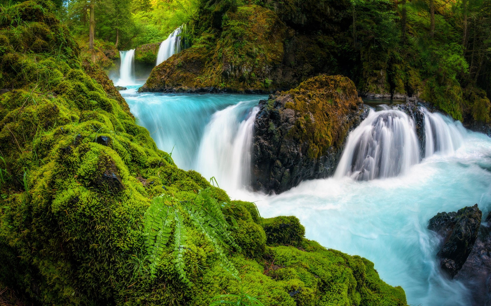تصویر پس زمینه از منظره رویایی با آبشار فیروزه ای