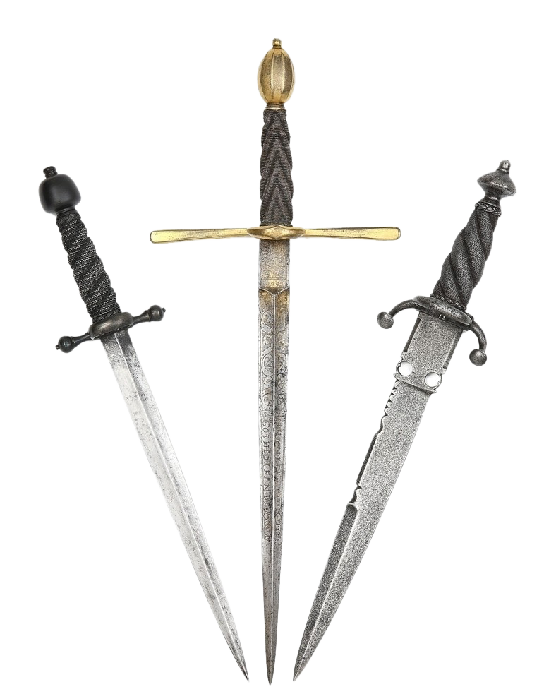 تصویر سه شمشیر قدیمی حکاکی شده به رنگ نقره ای با فرمت png