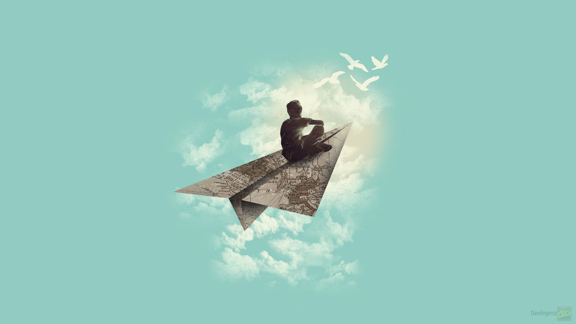 دانلود پروفایل درخشان پسر روی هواپیمای کاغذی در آسمان آبی