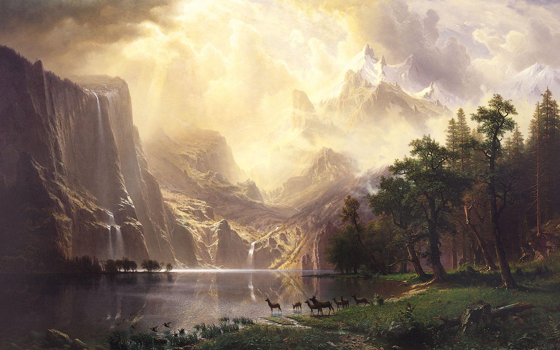 نقاشی دوران رمانتیک در انگلستان ایالات متحده سبک رمانتیسیسم در میان کوه های سیرا نوادا کالیفرنیا توسط آلبرت بیرشتات