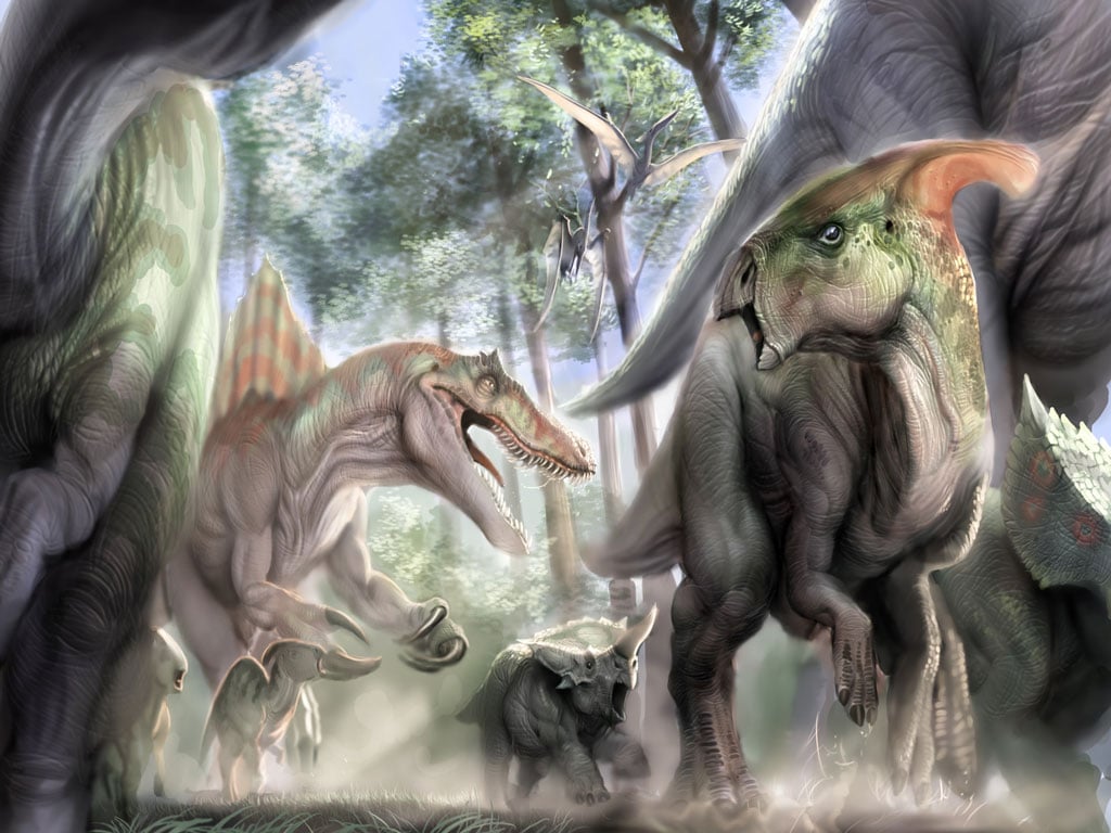نقاشی فرار سریع دایناسورها از دایناسور اسپینوسورس گوشتخوار