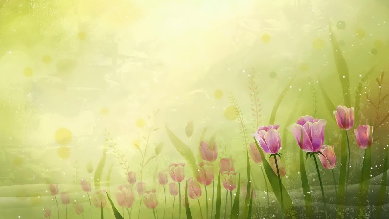 تصویر پس زمینه زیبا از نقاشی دیجیتالی سبزه زار ها و گل های صورتی لاله