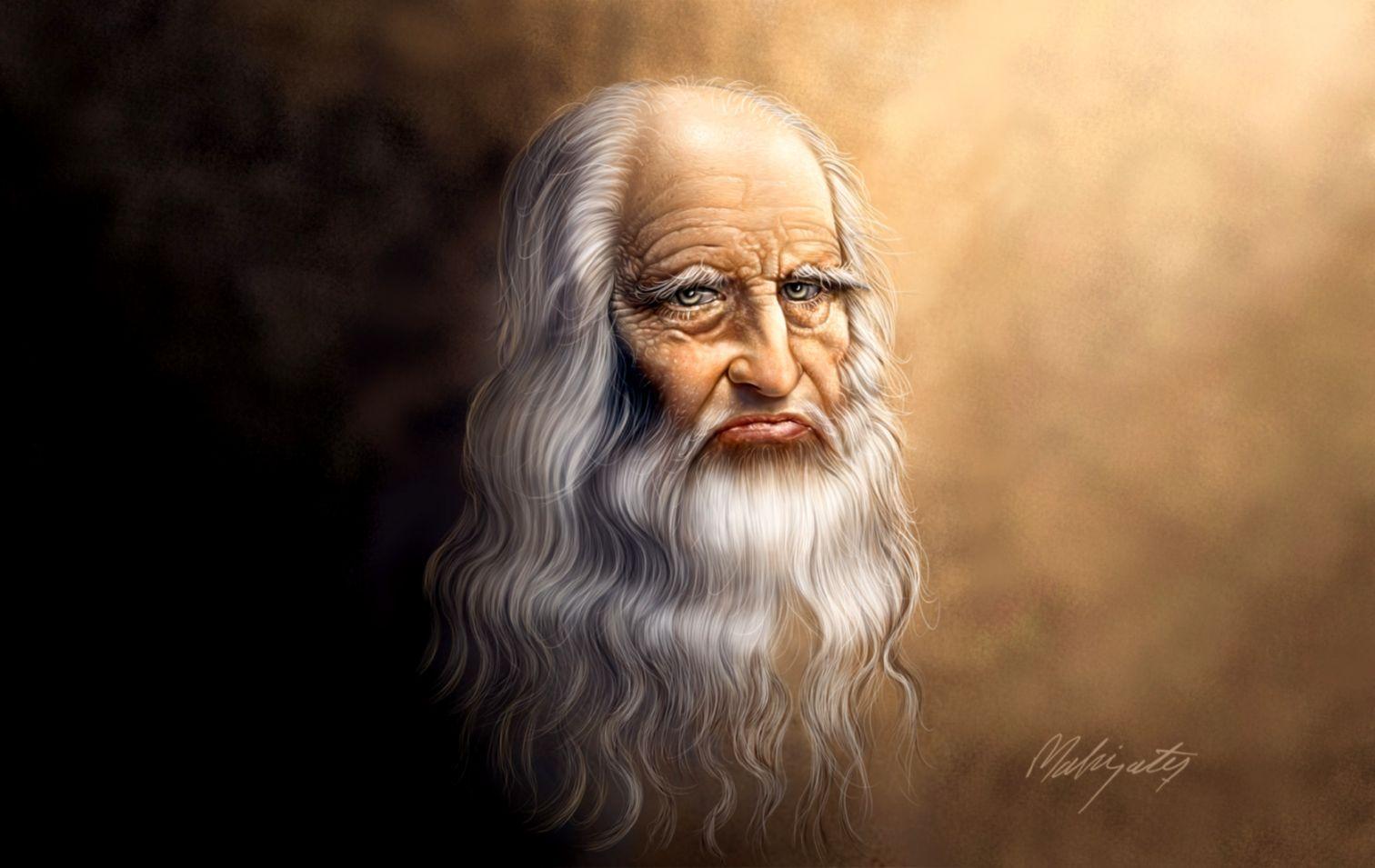 پیرمرد با ریش و موهای بلند موج‌دار اثر لئوناردو داوینچی