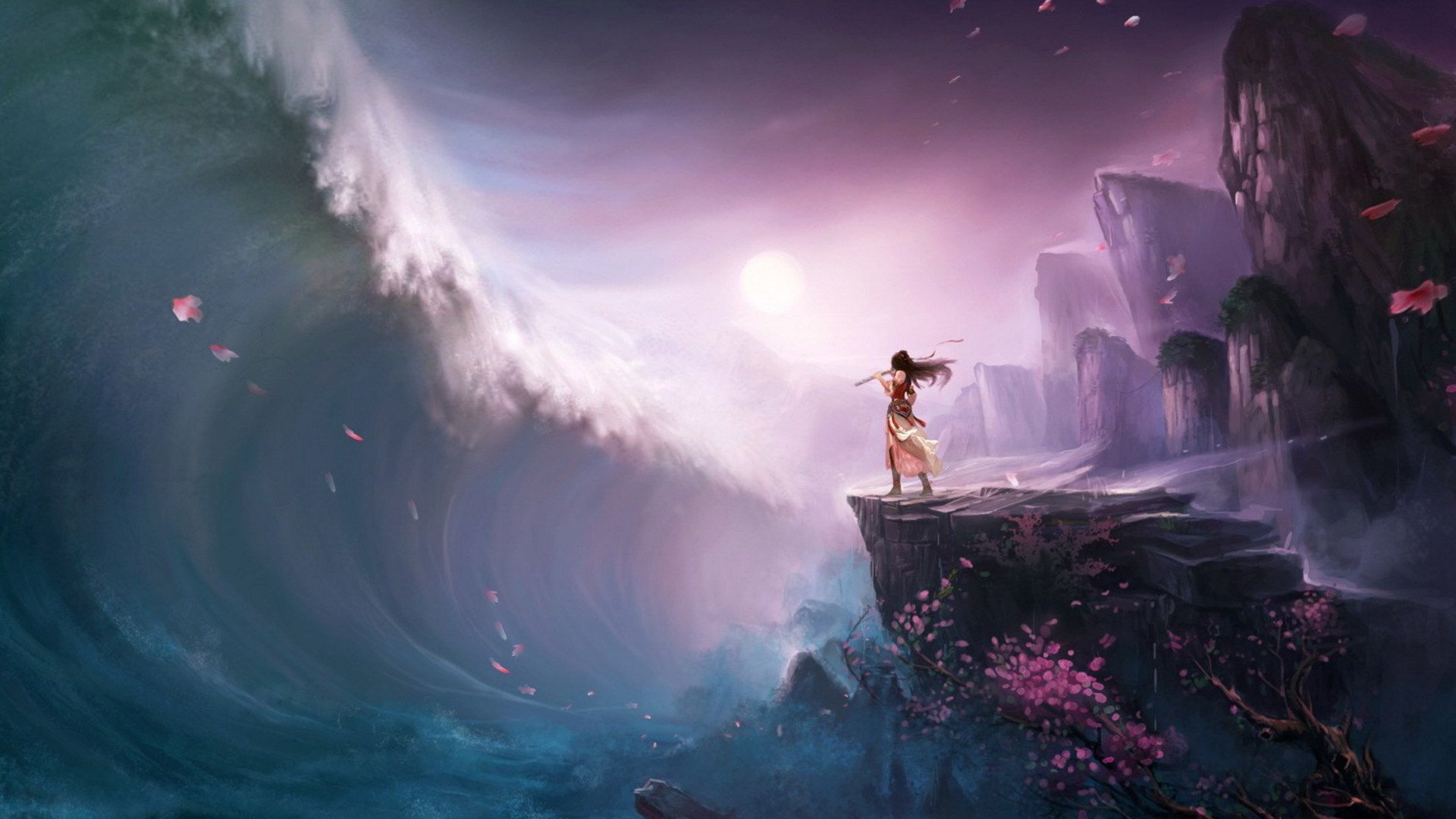 تصویر انیمیشنی از فلوت زدن سرخپوست و امواج سونامی اقیانوس