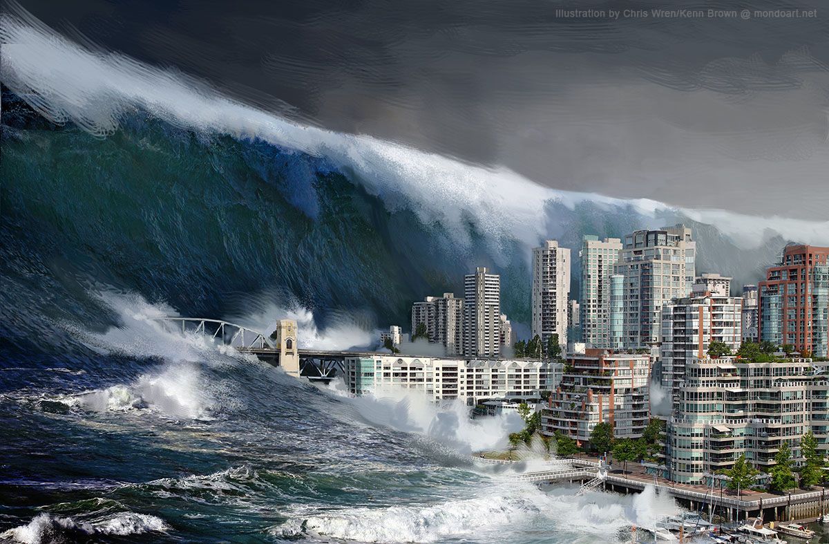 عکس زمینه از موج های هولناک سونامی در حال ویرانی شهر