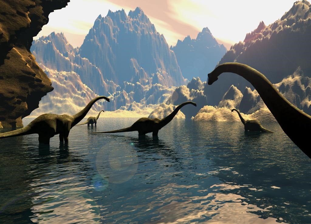 تصویر جدید از دایناسورهای گیاه خوار بزرگ با گردن بلند در دریاچه