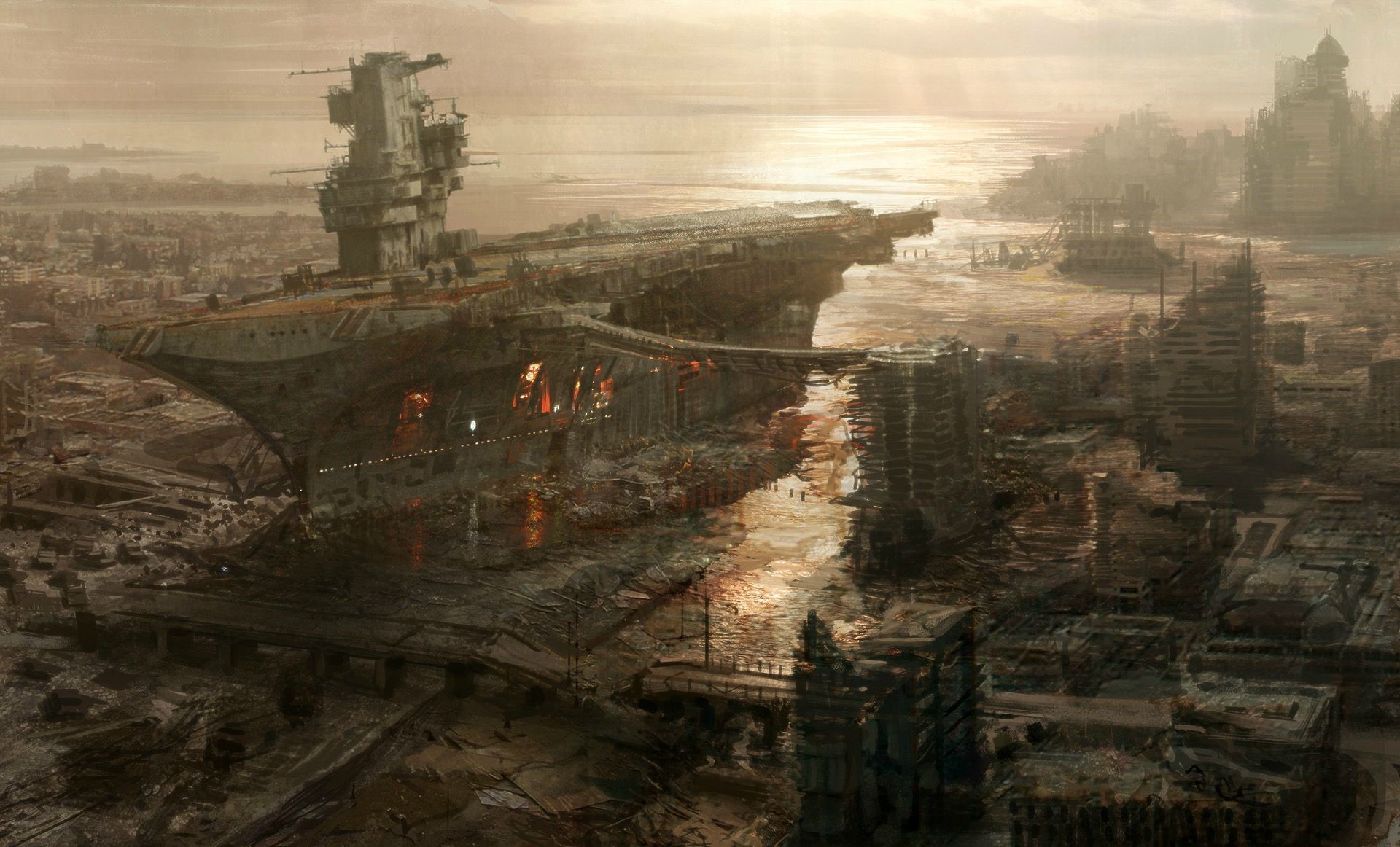 عکس تصویر زمینه از شهر متروکه ی ویرانه همراه کشتی ها