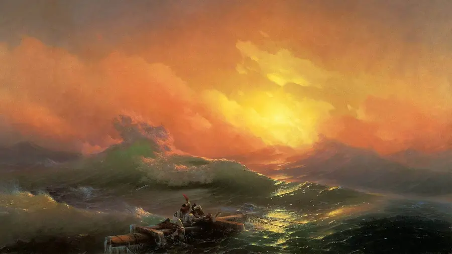 تابلو نقاشی از ماهیگیران گیر افتاده میان امواج در سبک رمانتیسم