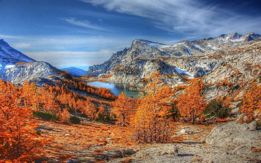 بکگراند با کیفیت و full HD دریاچه میان کوهی در فصل پاییز