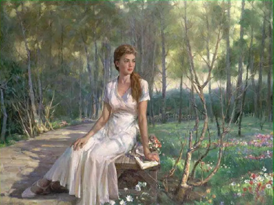 تصویر زنی نشسته روی نیمکت با لباس سفید در نقاشی سبک رمانتیسم