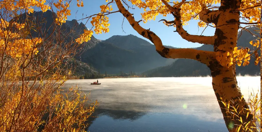 دانلود عکس زیبا و اچ دی گرافیکی دریاچه درکنار کوه همراه درختان پاییزی