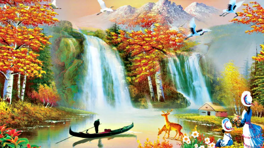 حرفه ای ترین اثر تابلو نقاشی با رنگ روغن از چشم انداز طبیعت ناب و بکر آبشار و درختان نارنجی پاییزی 