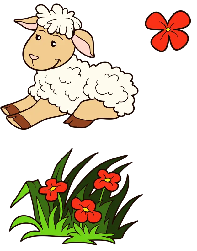 تصویر پی ان جی گوسفند گرافیکی کارتونی گوگولی و بامزه در حال پریدن از روی گل ها 