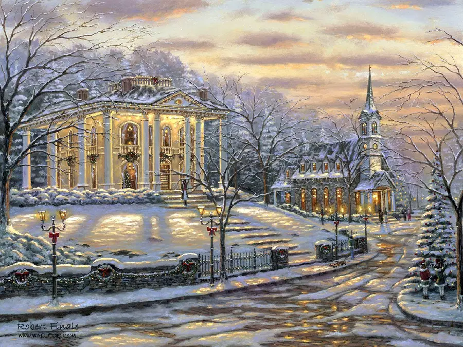 عکس نقاشی سبک رمانتیسم از بناهای قدیمی پوشیده از برف 