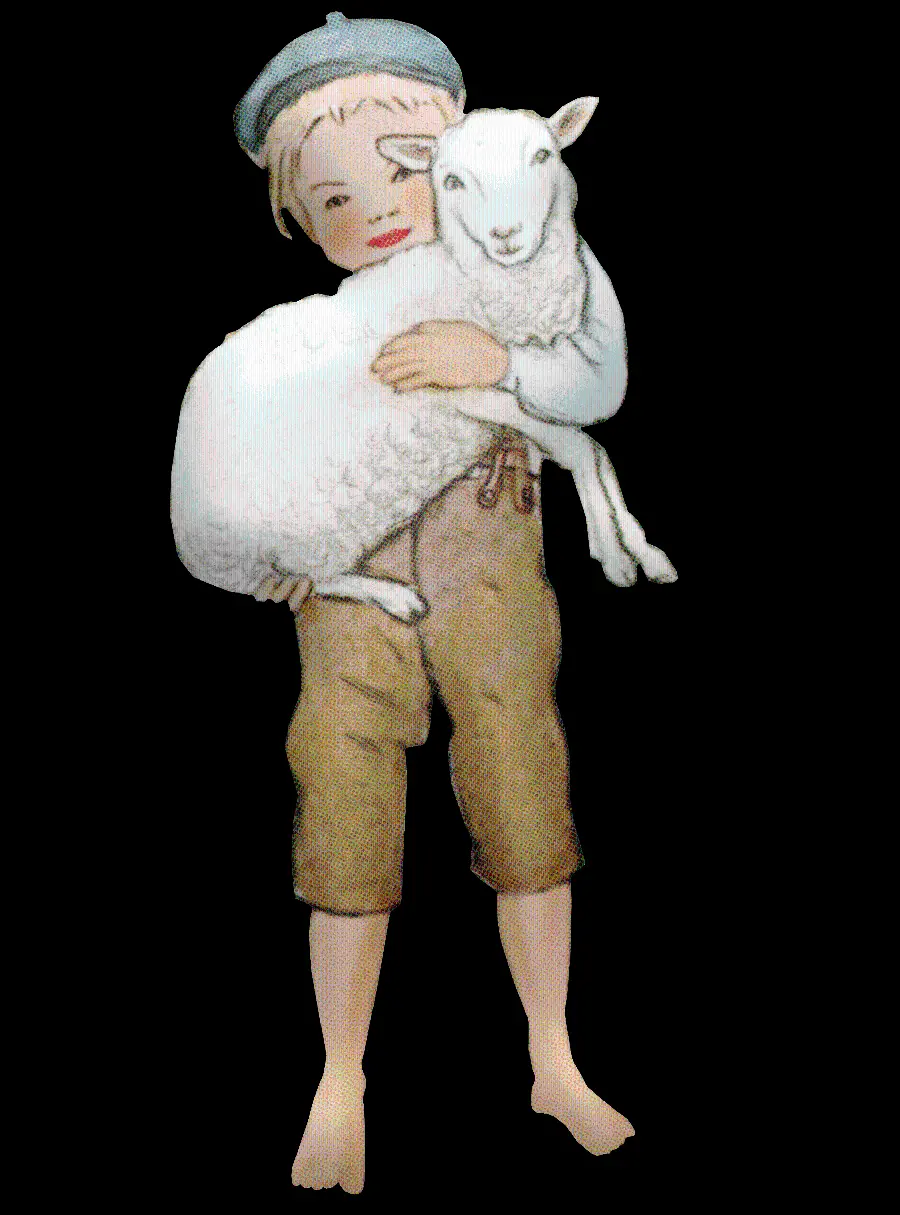 تصویر نقاشی دختر بچه زیبا و خوشگل در حال بغل کردن گوسفند و بره سفید 
