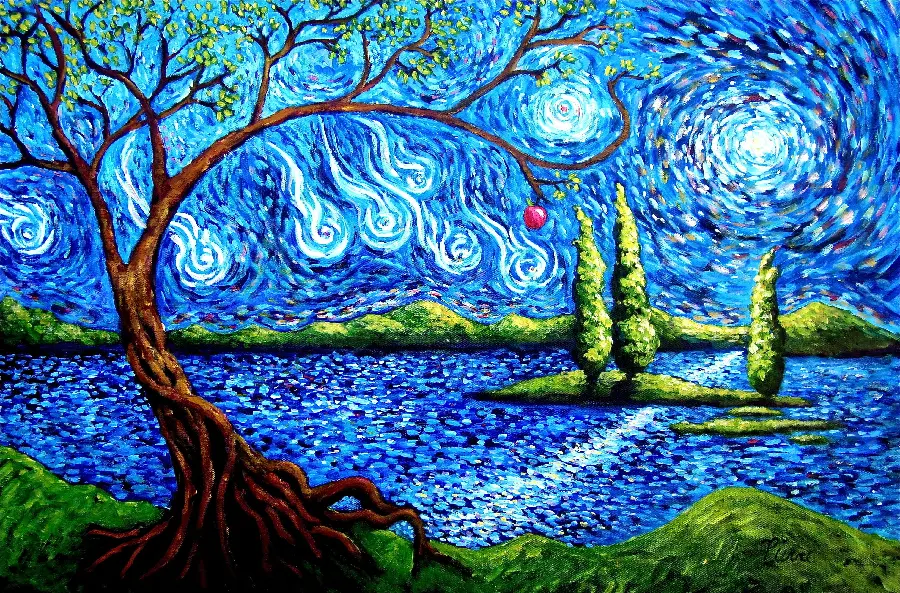 نقاشی درخت سیب در منظره ای خلاقانه و تحسین برانگیز