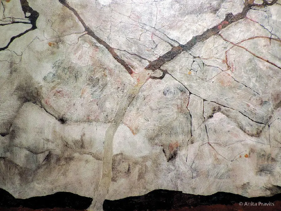 تصویر نقاشی خاص و جالب از اگون شیله بنام درخت پاییزی در هوای متلاطم