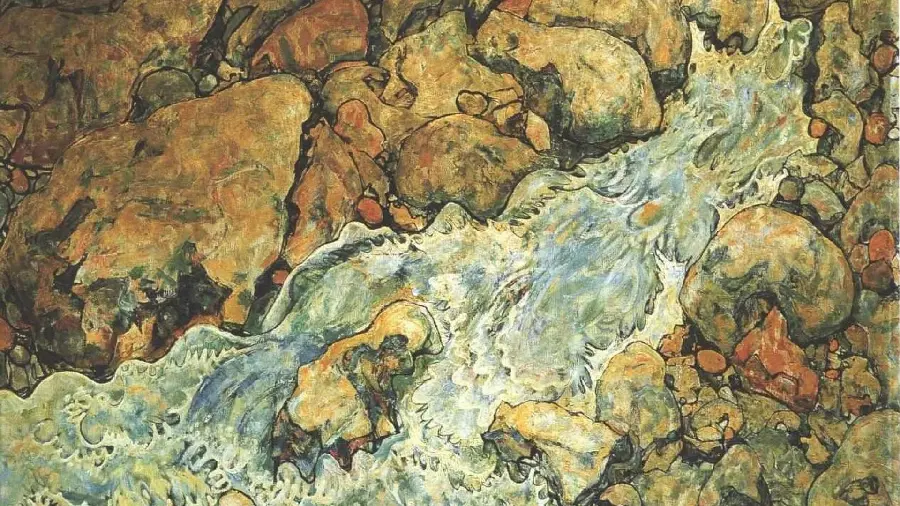 عکس تابلو نقاشی از آب رودخانه و سنگ اثر اگون شیله
