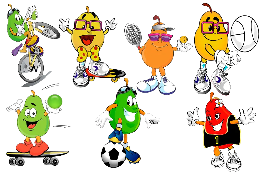 PNG رایگان گلابی های کارتونی ورزشکار با رنگ های متفاوت