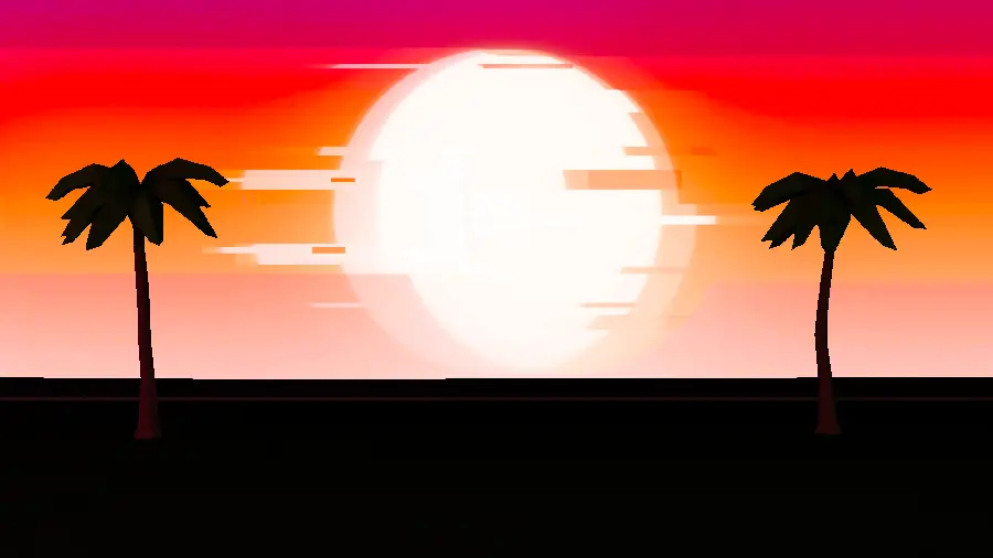 عکس زمینه سیلوئت درخت نخل و غروب به سبک بازی retrowave