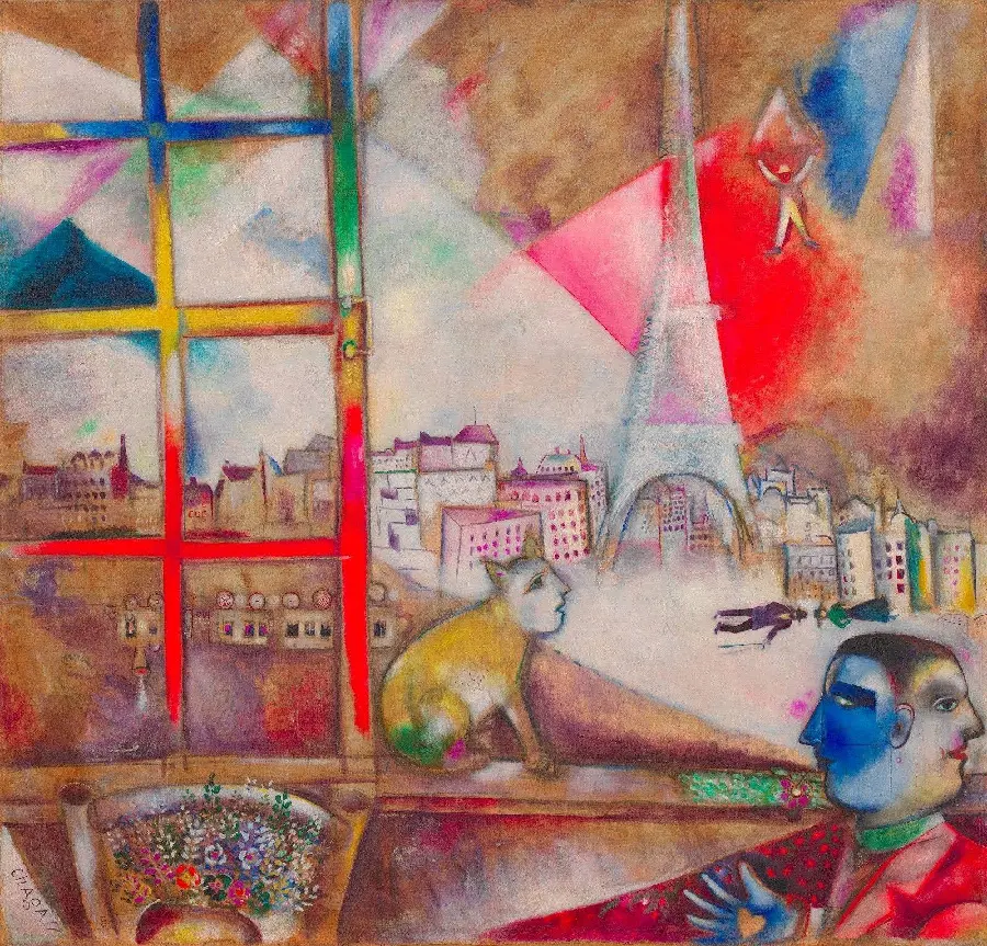 عکس نقاشی شاگال به نام پاریس از پشت پنجره ۱۹۱۳