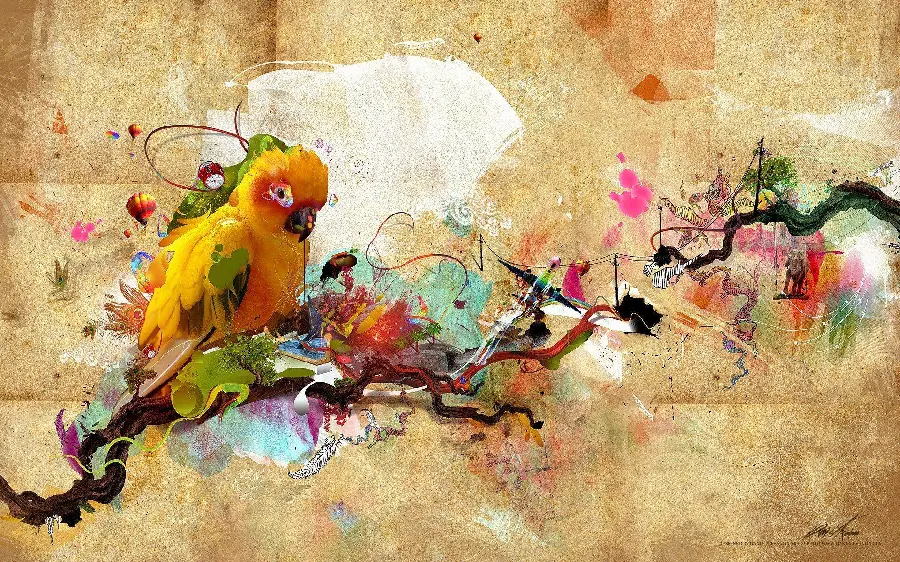 دانلود تصویر استوک و با کیفیت تابلو نقاشی گل های رنگارنگ و پرندگان کوچک و بزرگ 