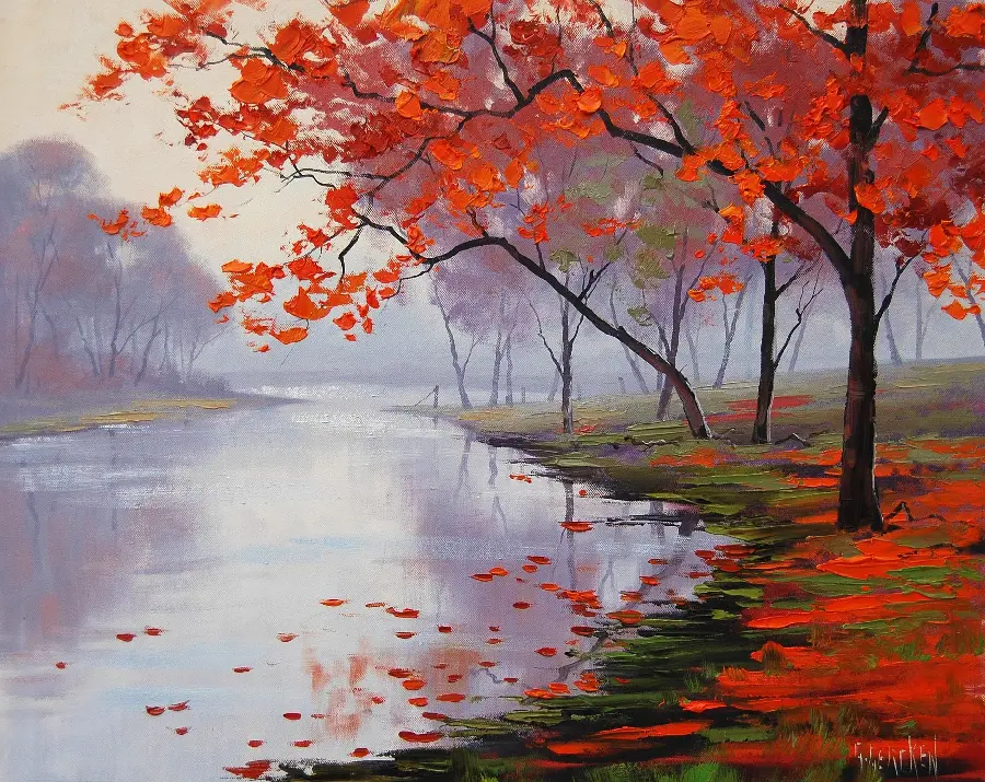هنری ترین عکس پروفایل نقاشی رودخانه در میان درخت های پاییزی